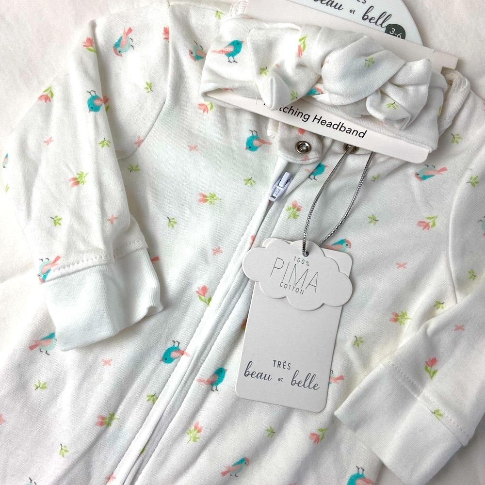 2 piece set NWT 100% Pima cotton baby onesie 3-6 months matching headband